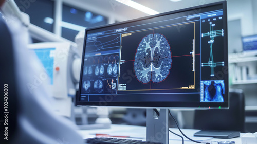 Close-up of scientist analyzing brain scan images on monitor, detailed neural pathways symbolize dementia research in medical lab setting.