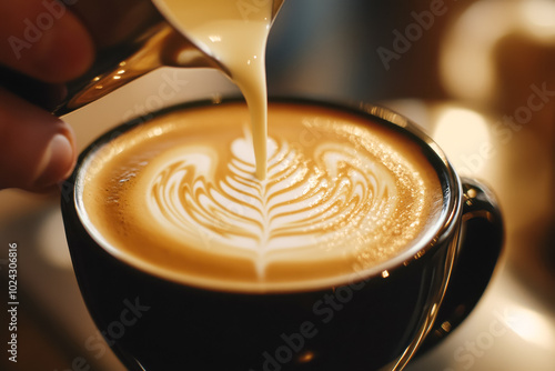 A close-up shot of a barista pouring milk into a black cup of espresso, creating a beautiful latte