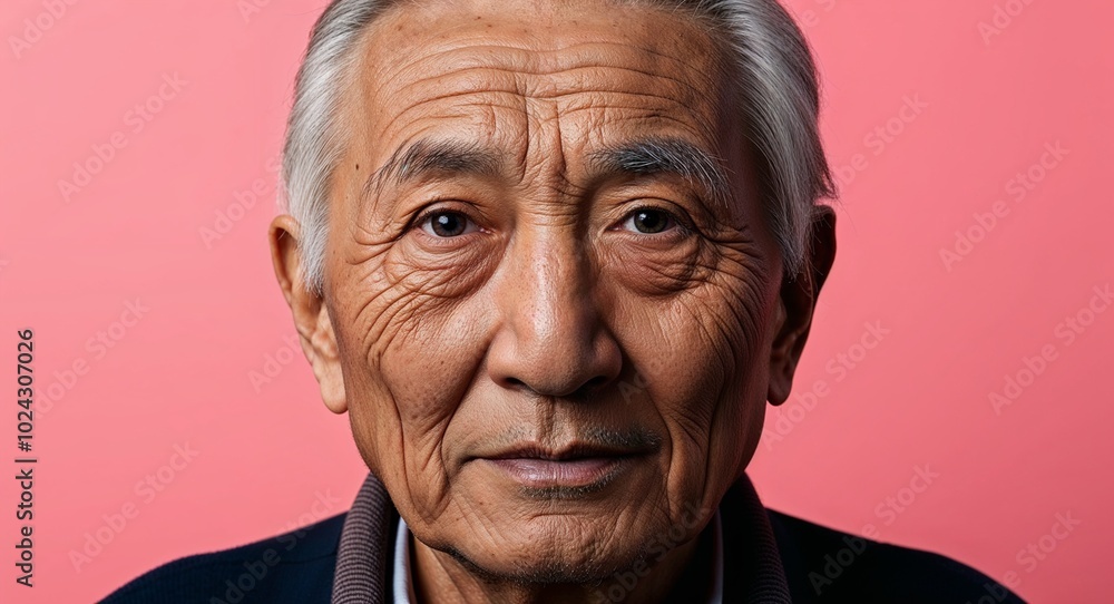 Elderly Asian man with deep wrinkles neutral face warm pink background Elderly Asian man with deep wrinkles neutral face warm pink background