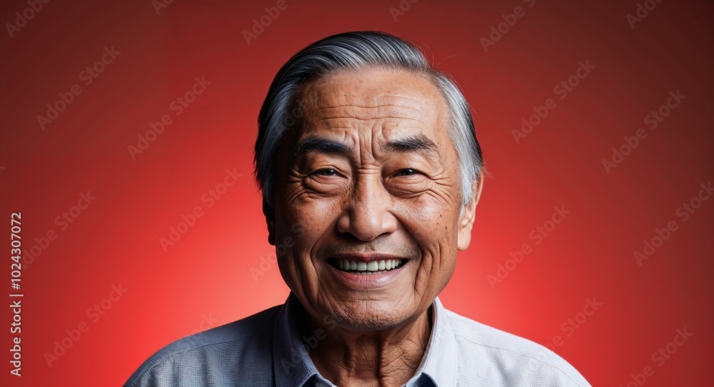Fototapeta premium Elderly Asian man with high brow smirking light red gradient background