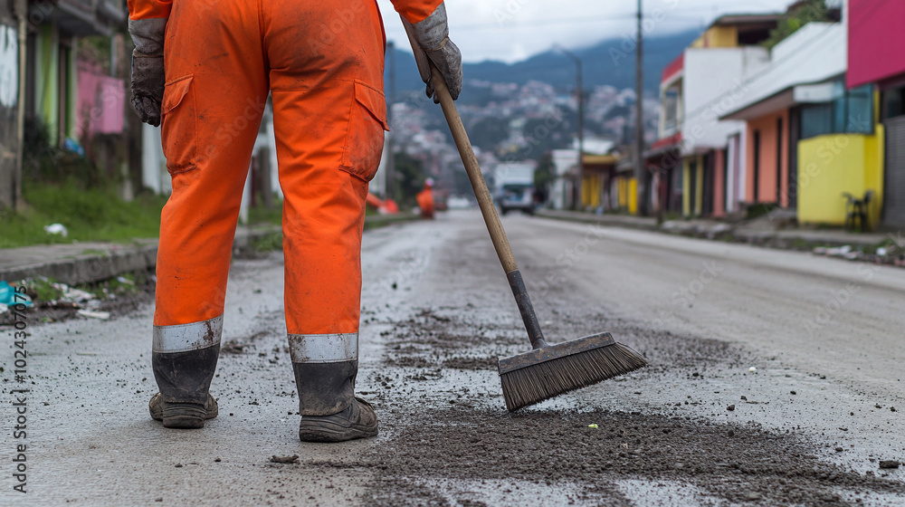 Cleaner in orange uniform sweeps the street. Cleaner in orange uniform sweeps the street.