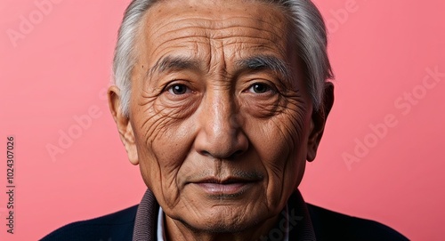 Elderly Asian man with deep wrinkles neutral face warm pink background