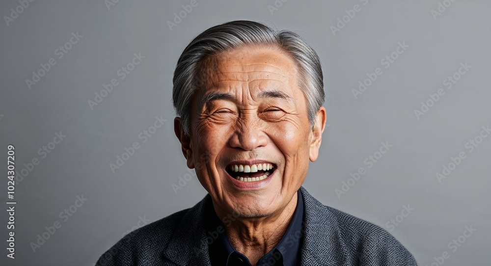 Fototapeta premium Elderly Asian man with soft jawline laughing light gray background