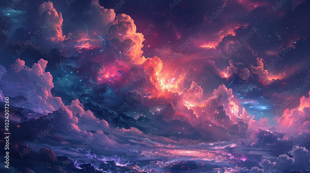 Cosmic Cloudscape with Glowing Stars and Nebulas Cosmic Cloudscape with Glowing Stars and Nebulas