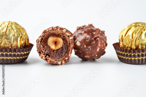 chocolate and hazelnut confectionery balls. chocolate sweet made. Chocolate candies in a gold wrapper