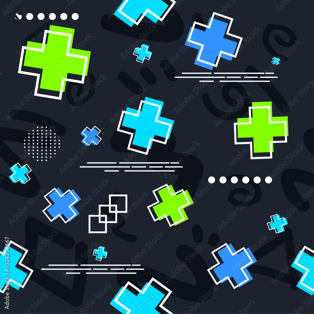 Obraz premium Flat style design. Vector illustration. Seamless memphis pattern. Banner repeat template. Design for cover, banner, texture, background.