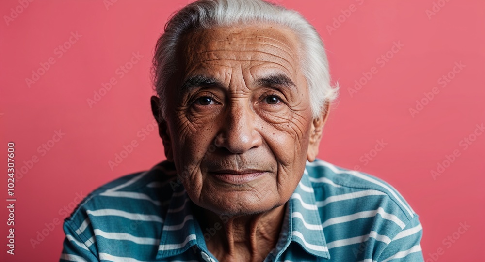 Elderly Latino man with deep set chin neutral face warm pink background Elderly Latino man with deep set chin neutral face warm pink background