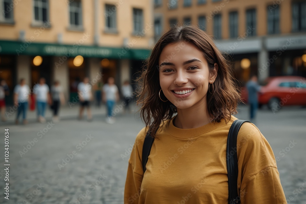Positive young ethnic female in casual clothes smiling and looking at camera while standing on blurred city street with people in daylight Positive young ethnic female in casual clothes smiling and looking at camera while standing on blurred city street with people in daylight