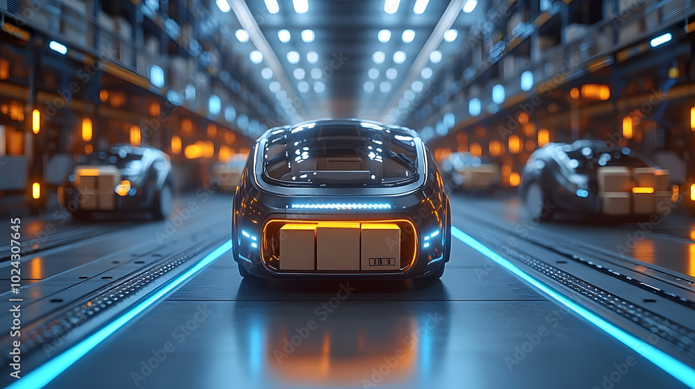A Group of Robotic Vehicles Carrying Boxes on the Warehouse Floor.
A Group of Robotic Vehicles Carrying Boxes on the Warehouse Floor.