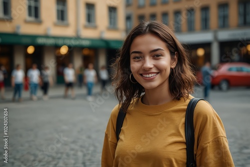 Positive young ethnic female in casual clothes smiling and looking at camera while standing on blurred city street with people in daylight 