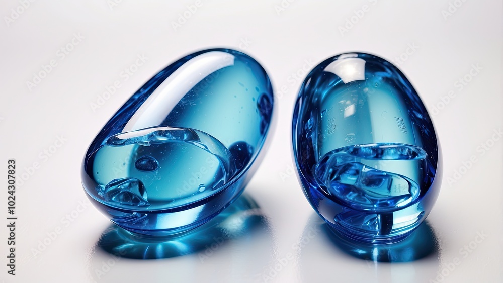 Two blue soft gel capsules, shiny and translucent, neatly cut out and isolated on a white background for a clean look.- Two blue soft gel capsules, shiny and translucent, neatly cut out and isolated on a white background for a clean look.-