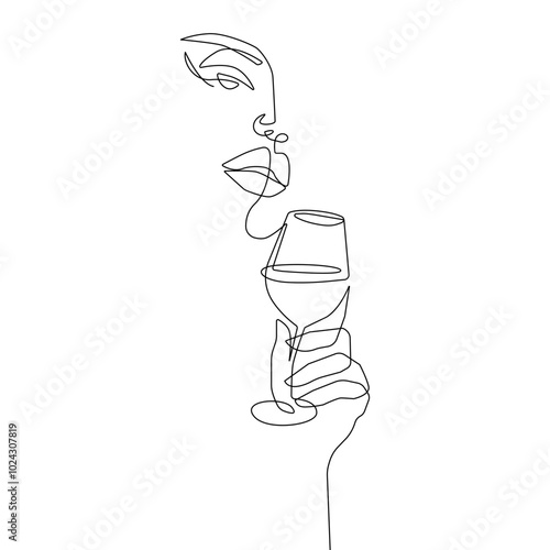Woman Holds Wine Glass Continuous One Line Drawing. Female Face and Wine Glass Abstract Black One Line Drawing. Vector Linear Illustration for Minimalistic Design.