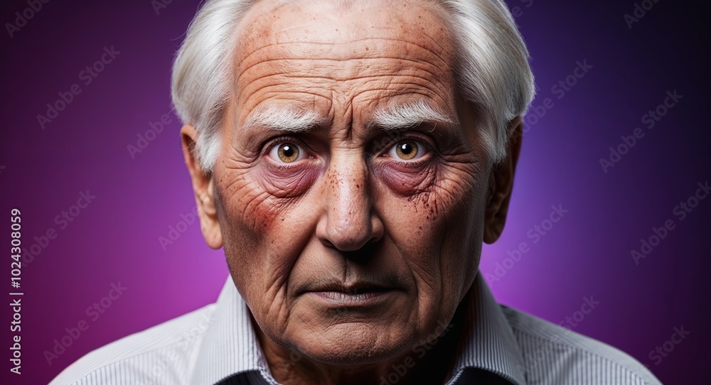 Obraz premium Elderly white man with sunken eyes serious dark purple gradient background