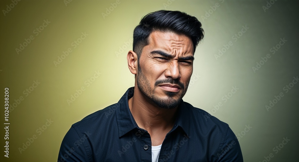 Fototapeta premium Latino man with high cheekbones frowning yellow gradient background