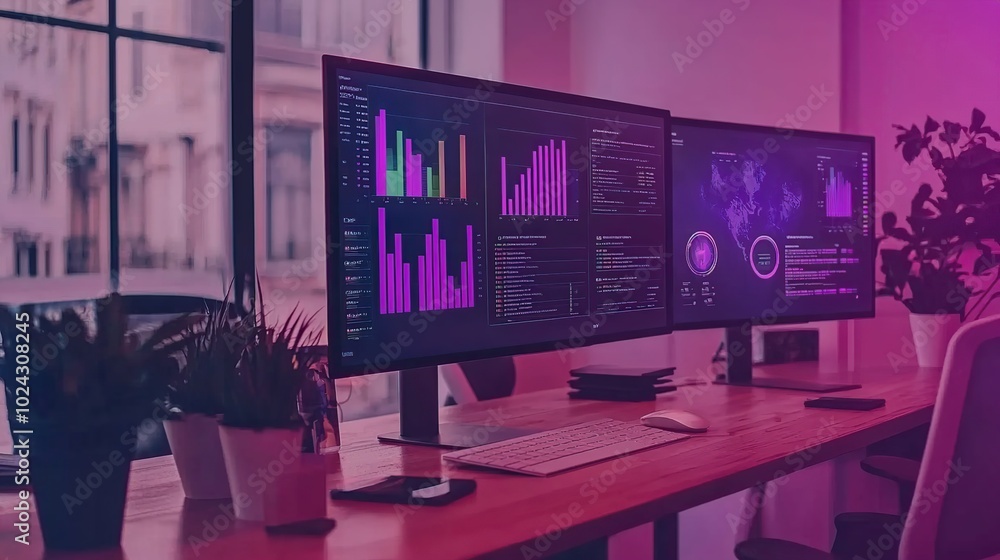 A desk with two monitors displaying data and a world map, with a keyboard, mouse, and plants. A desk with two monitors displaying data and a world map, with a keyboard, mouse, and plants.