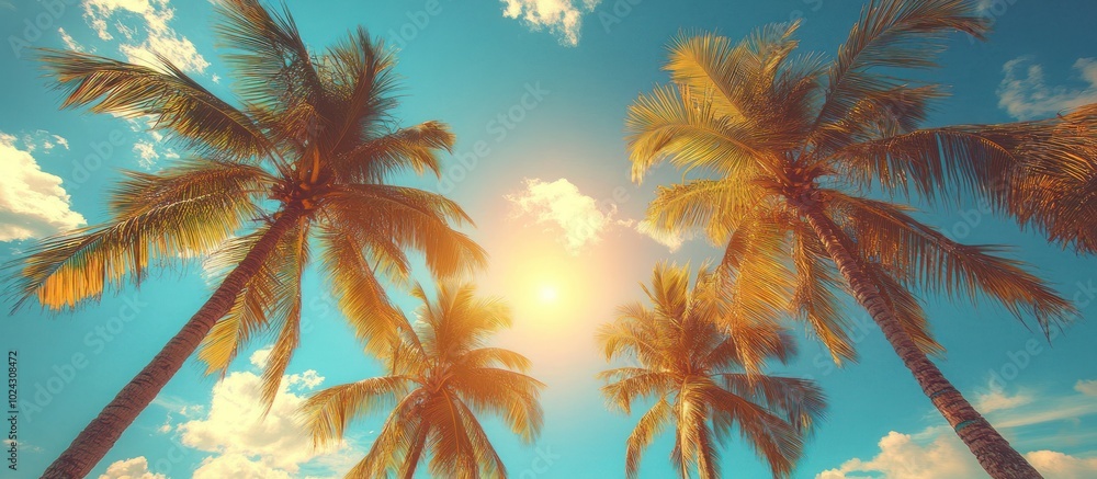 Obraz premium Palm trees silhouette against blue sky with white clouds and sun.