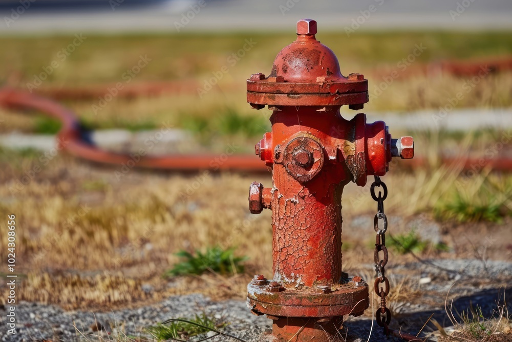 Weathered red fire hydrant in an outdoor urban setting with dried grass. Concept of public safety and infrastructure. Weathered red fire hydrant in an outdoor urban setting with dried grass. Concept of public safety and infrastructure.
