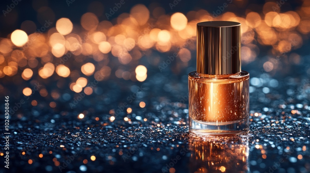 A glass bottle of perfume with a gold cap sits on a sparkling blue surface with a bokeh background of warm golden lights. A glass bottle of perfume with a gold cap sits on a sparkling blue surface with a bokeh background of warm golden lights.