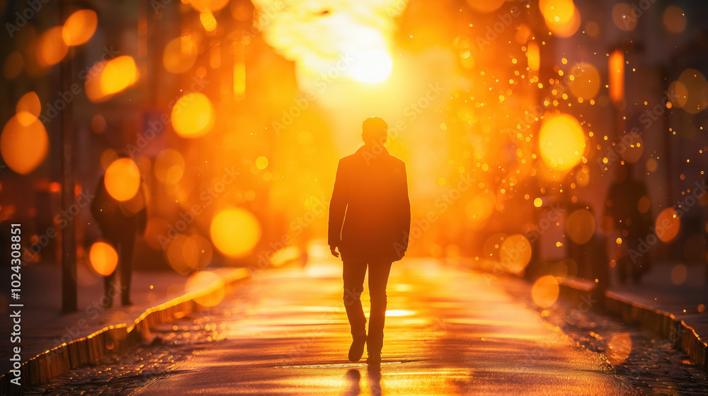 Lone figure walking down a city street at sunset, surrounded by warm golden light and bokeh, creating a dreamy and reflective atmosphere. Lone figure walking down a city street at sunset, surrounded by warm golden light and bokeh, creating a dreamy and reflective atmosphere.