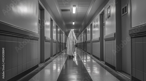 Ghostly figure draped in white, standing in a long, dimly lit hallway with a spooky, eerie atmosphere, evoking a sense of mystery and suspense.