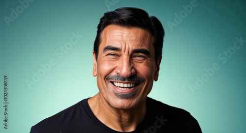 Middle aged Latino man with defined nose smirking warm teal gradient background