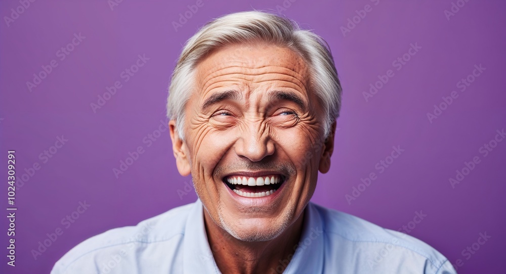 Fototapeta premium Middle aged white man with wrinkled eyes laughing pale purple background