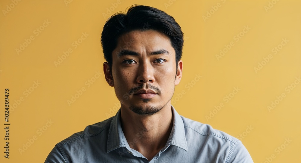 Obraz premium Young Asian man with oval face serious warm yellow background