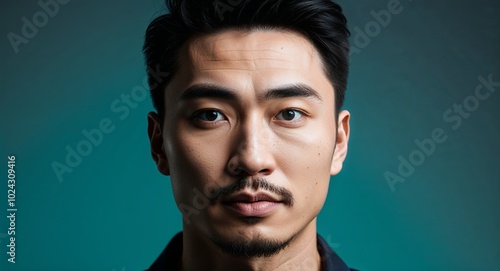 Young Asian man with defined cheekbones focused teal gradient background