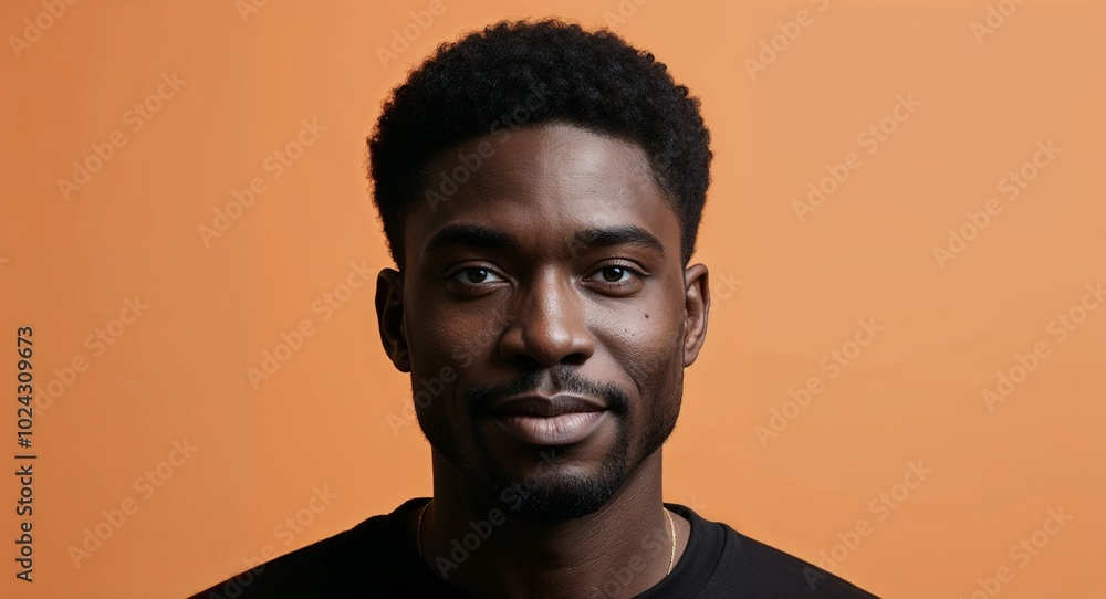 Fototapeta premium Young Black man with dimples neutral face light orange background