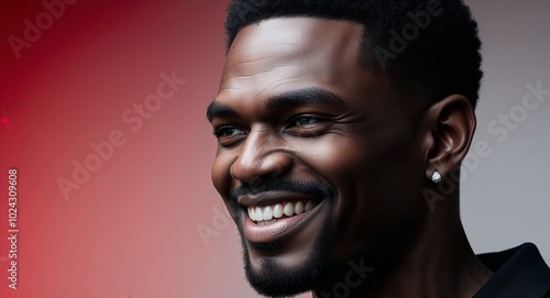 Young Black man with deep jawline smirking pale red gradient background