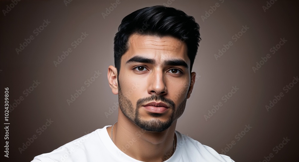 Fototapeta premium Young Latino man with defined chin serious dark brown gradient background