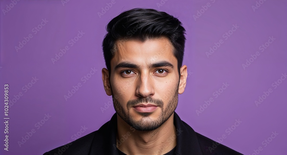 Young Latino man with narrow chin neutral face light purple background Young Latino man with narrow chin neutral face light purple background