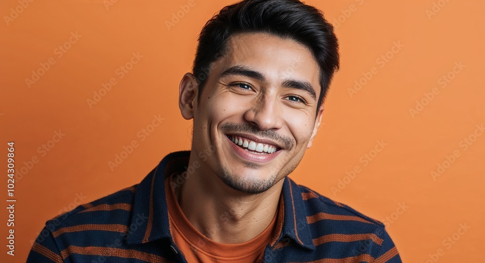 Obraz premium Young Latino man with narrow face grinning warm orange background