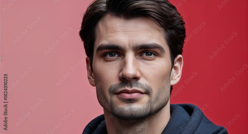 Fototapeta premium Young white man with square chin neutral face soft red background