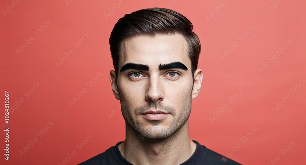 Obraz premium Young white man with straight eyebrows focused warm red background