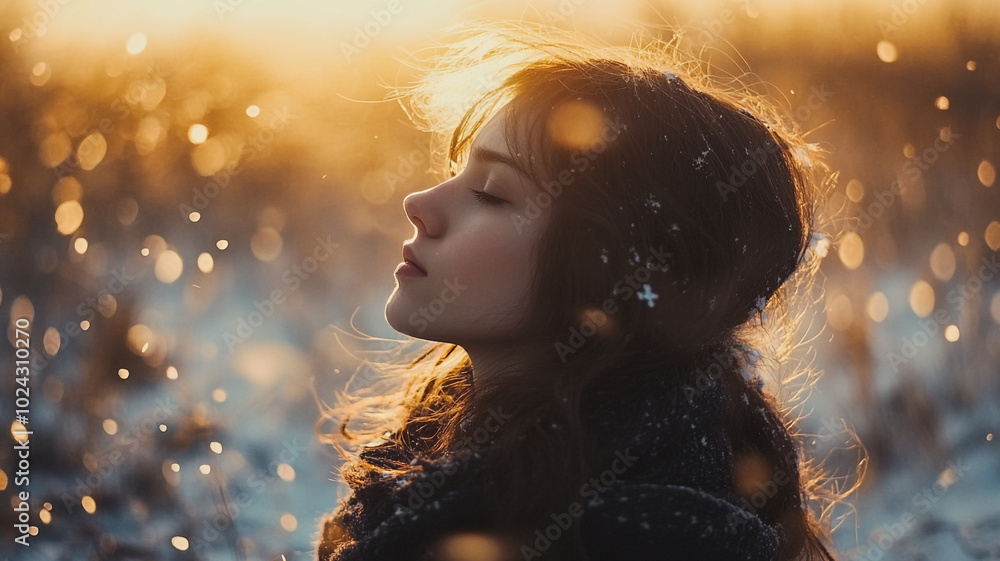 Young woman enjoying the serene beauty of the winter solstice at sunset with falling snow Young woman enjoying the serene beauty of the winter solstice at sunset with falling snow