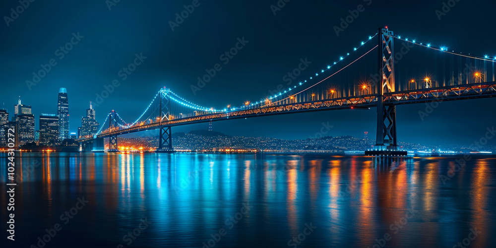 The Bay Bridge illuminated at night. The Bay Bridge illuminated at night.