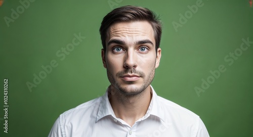 Young white man with wide forehead serious warm green background