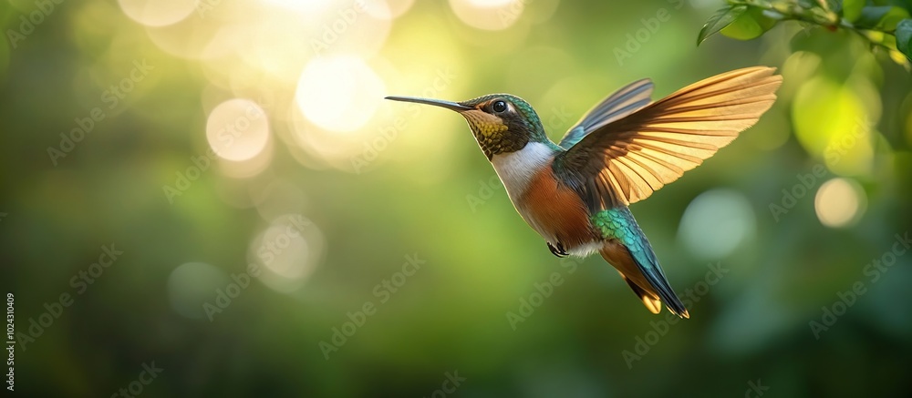 Fototapeta premium Hummingbird in Flight, a Burst of Color On Green Forest Bokeh Background. Small Colorful Bird In Flight. Generate Ai Image