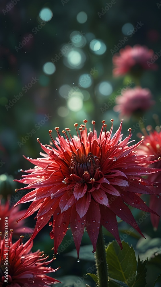 Full bloom bee balm flower, shining dewdrops, cinematic illustration,. Full bloom bee balm flower, shining dewdrops, cinematic illustration,.