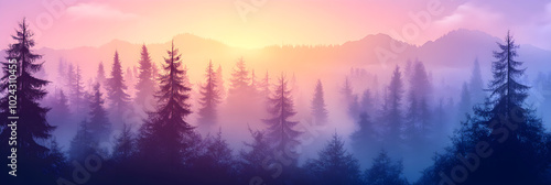 Misty forest silhouette at dawn creates atmospheric landscape