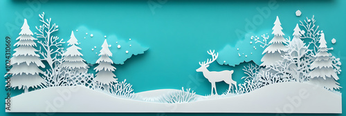 serene winter scene featuring reindeer among white trees and snowflakes photo