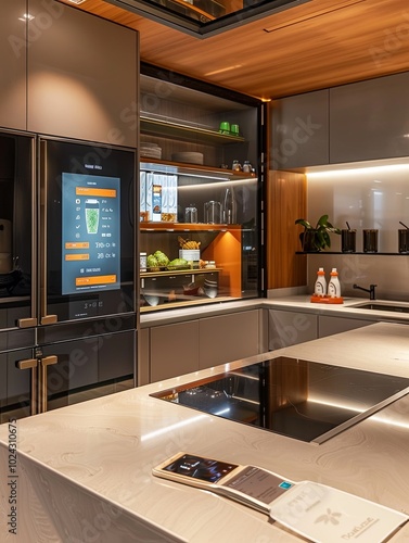 The kitchen showcases high-tech appliances like a smart refrigerator with a touchscreen and a voice-controlled smart oven for convenience. Generative AI photo