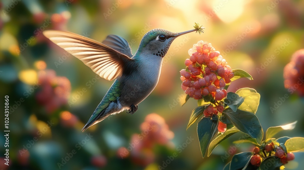 Fototapeta premium A hummingbird hovers in flight, its beak extended to feed on a delicate pink flower, bathed in the warm glow of the setting sun. The background is blurred, creating a sense of ethereal beauty.