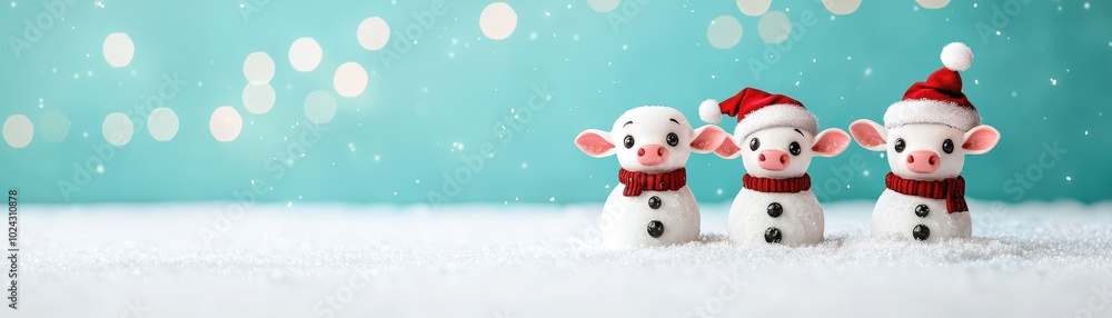 Baby cows playing in the snow, building a snowman with a Santa hat, farm backdrop with holiday lights, 3D illustration Baby cows playing in the snow, building a snowman with a Santa hat, farm backdrop with holiday lights, 3D illustration