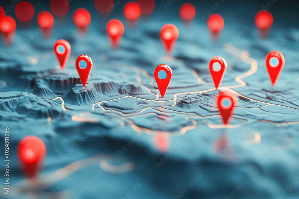 A detailed 3D map with bright red location pins spread across various locations A detailed 3D map with bright red location pins spread across various locations