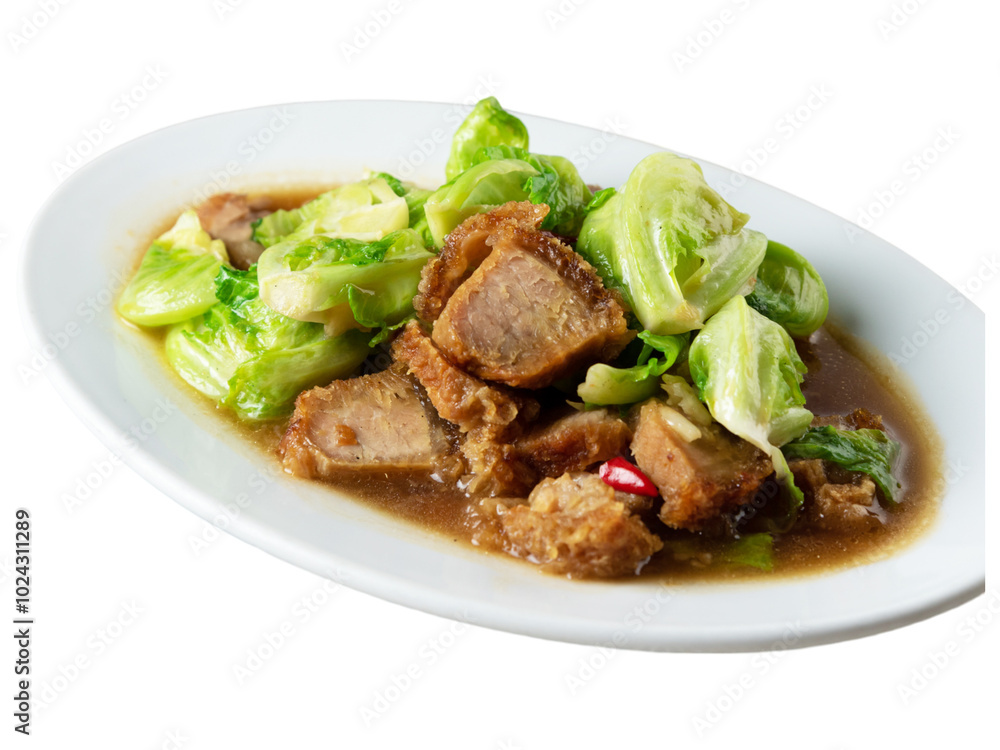 Stir-fried Cabbage with Crispy Pork: A mouthwatering dish, featuring tender pork belly pieces, stir-fried with fresh cabbage, crispy fried onions, and a delicious savory sauce. Stir-fried Cabbage with Crispy Pork: A mouthwatering dish, featuring tender pork belly pieces, stir-fried with fresh cabbage, crispy fried onions, and a delicious savory sauce.