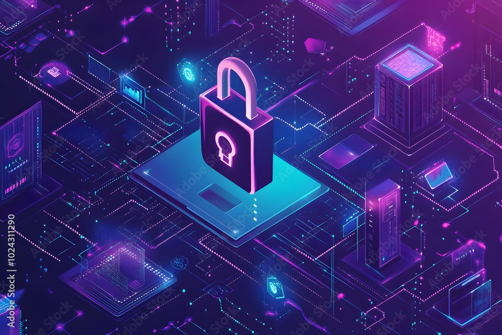 Cybersecurity 3D Illustration: Digital Lock with Glowing Circuitry Cybersecurity 3D Illustration: Digital Lock with Glowing Circuitry