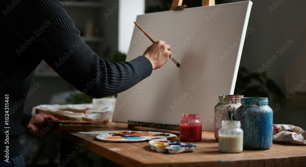 Fototapeta premium Caucasian male artist painting on canvas with various paint jars table