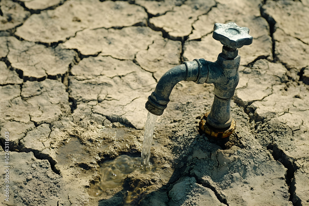 Cracked Earth with Water Flowing from Faucet - Realistic Photo Cracked Earth with Water Flowing from Faucet - Realistic Photo